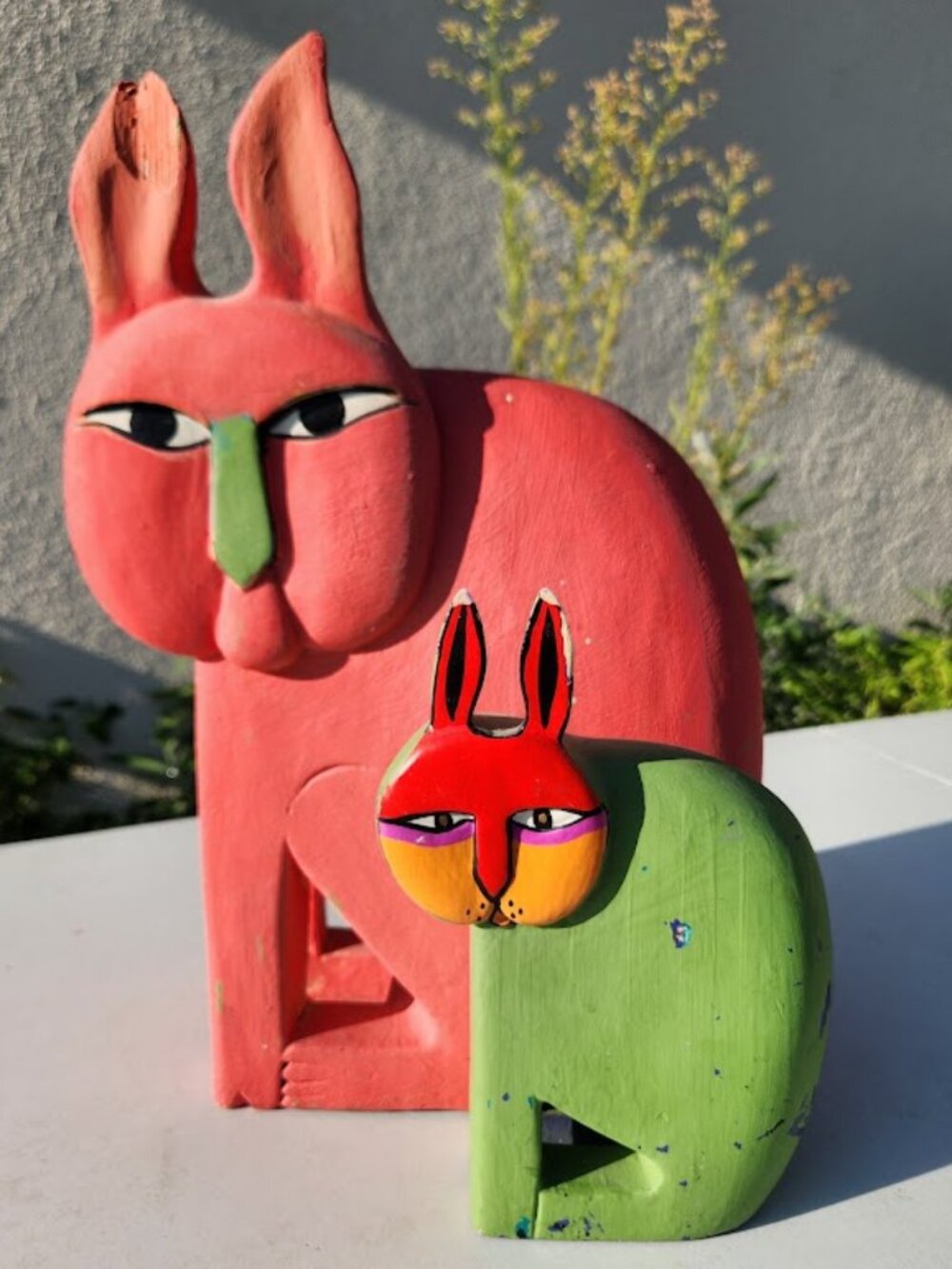 Carved Wood Folk Art Rabbits Bunny's Cats 1980s Set of 2 Sculpture Pop Art Pop
